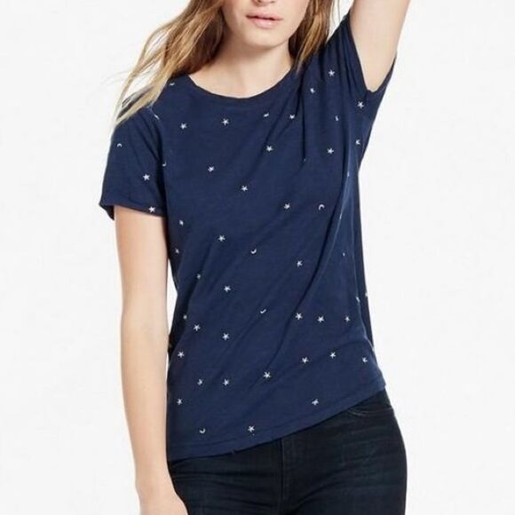 Lucky Brand Embroidered Stars & Moons Slub Tee Blue Silver Small - Picture 1 of 11